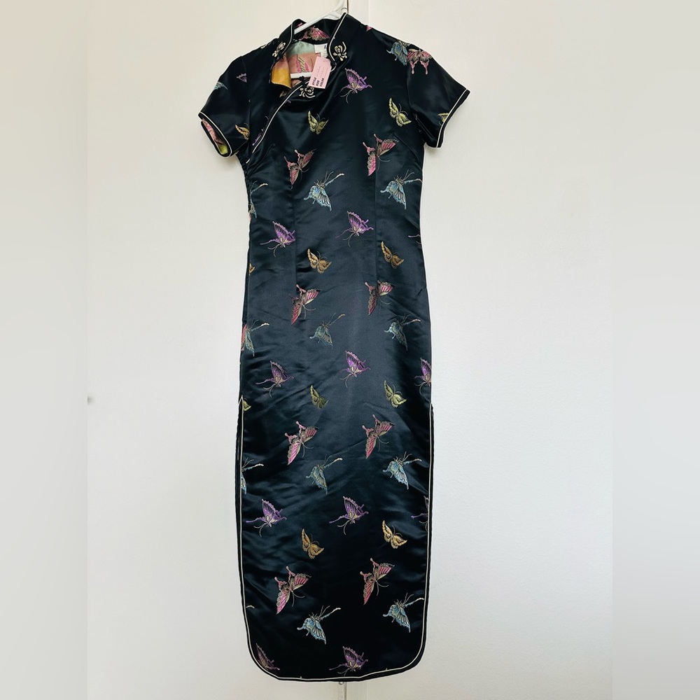 Vintage Embroidered Butterfly Black Qipao Dress Women's size 34 Ethnic Long Gown